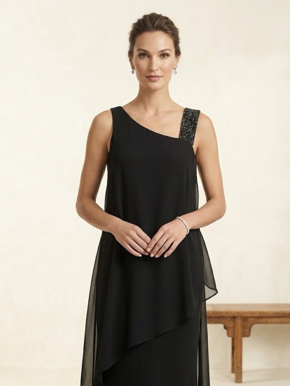 Frank Lyman Design Black Tie Chiffon Wedding Guest Evening Dress Long Size 4 - Picture 2 of 13